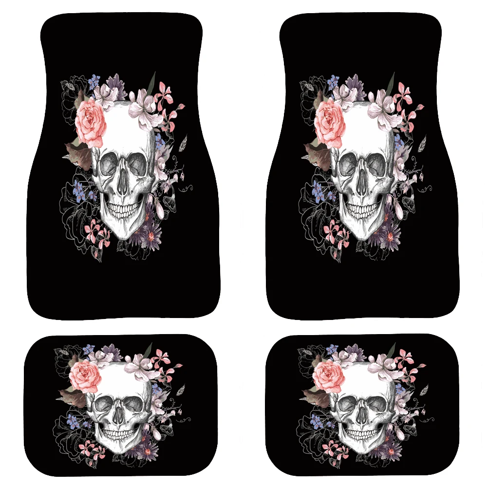

Black Background Skull Print Design Men Boy Universal 4PCs Car Foot Pad Rubber Waterproof And Hard-wearing Material