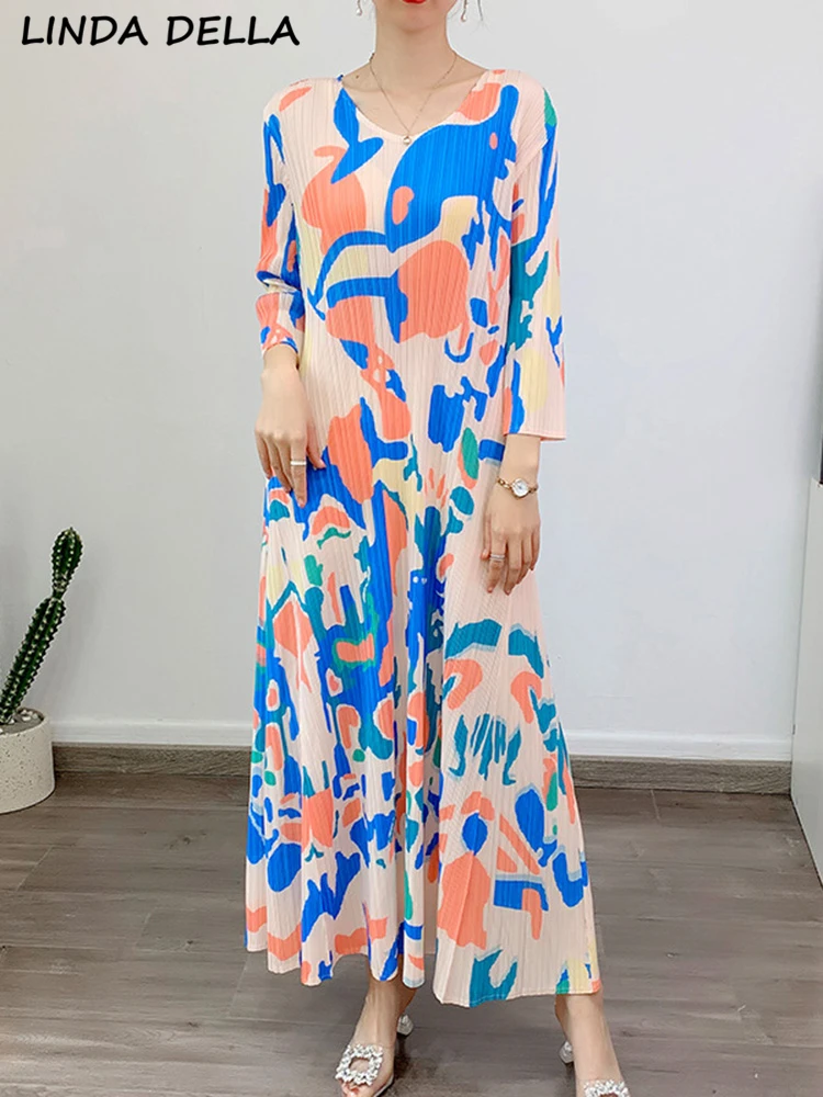 

Женское винтажное плиссированное платье LINDA DELLA, дизайнерское повседневное длинное платье свободного покроя с круглым вырезом, рукавом до запястья, большие размеры, лето