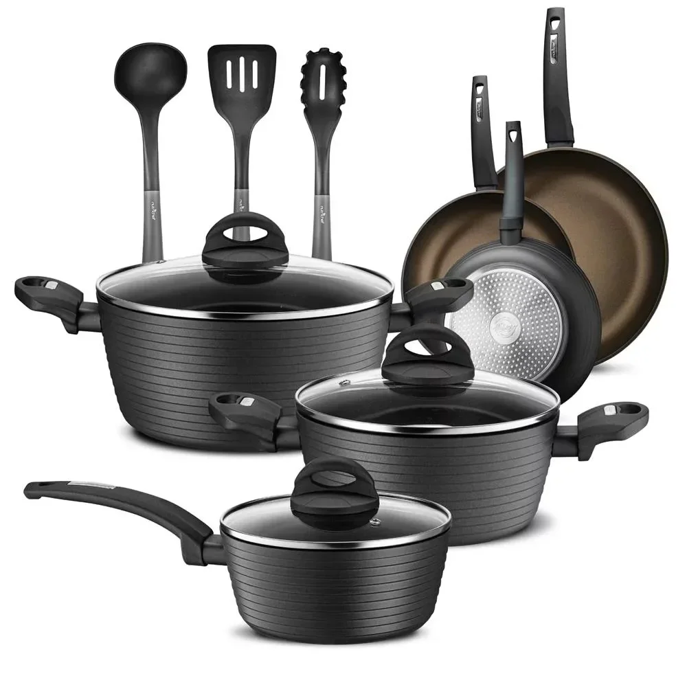 

Kitchenware Pots & Pans Kitchen Cookware Stylish Metallic Ridge-Line Pattern, Non-Stick (12-Piece Set), One Size, Gray