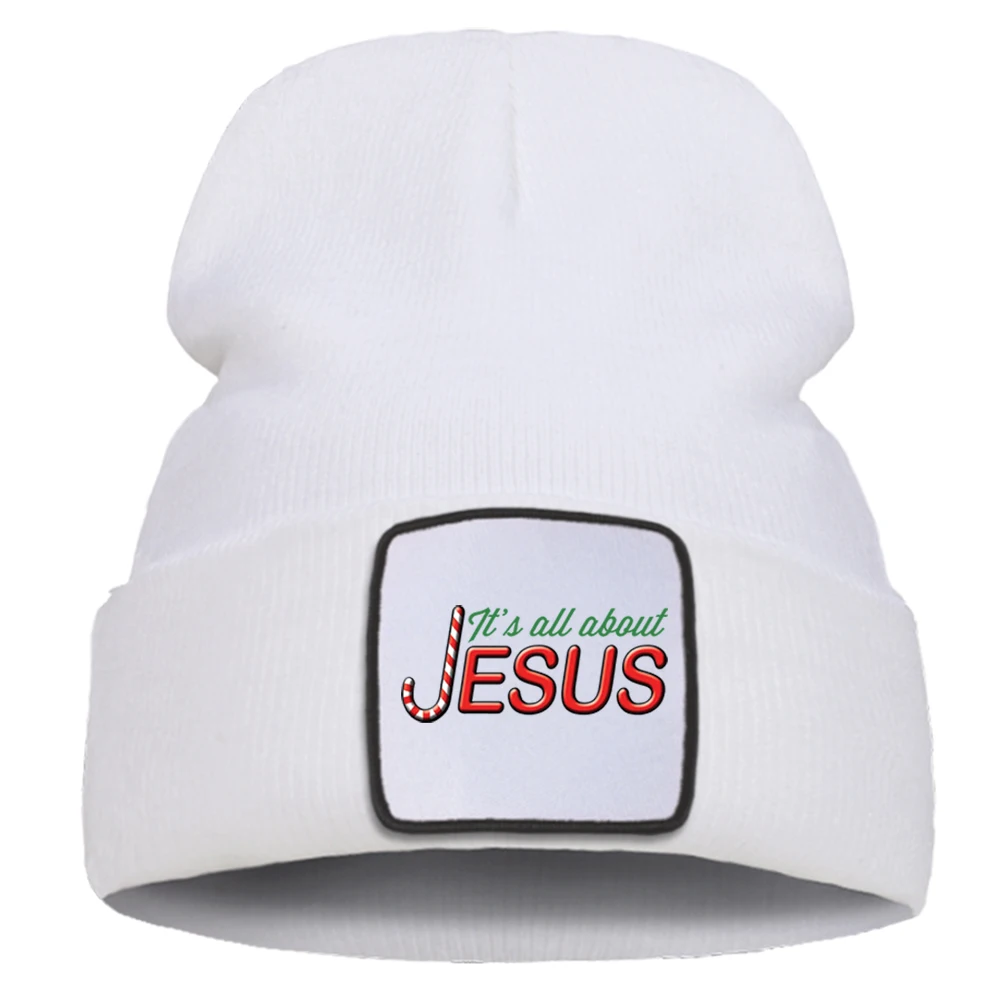 

It's All About Jesus Funny Knitted Cap Foldable Flexible Comfort Hats Winter Warm Wool Creative Hat Unisex Casual Beanie Caps