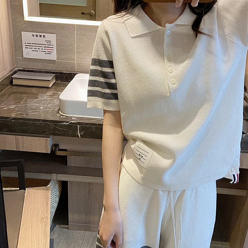 tb waffle suit female summer four-bar polo lapel knitted short-sleeved T-shirt + loose and thin shorts five-point pants