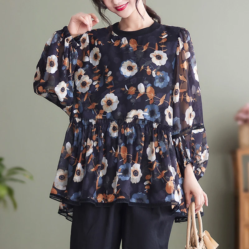 

SuperAen Chiffon Blouse 2022 Spring Summer New O Neck Slim Retro Floral Print Woman Tshirts