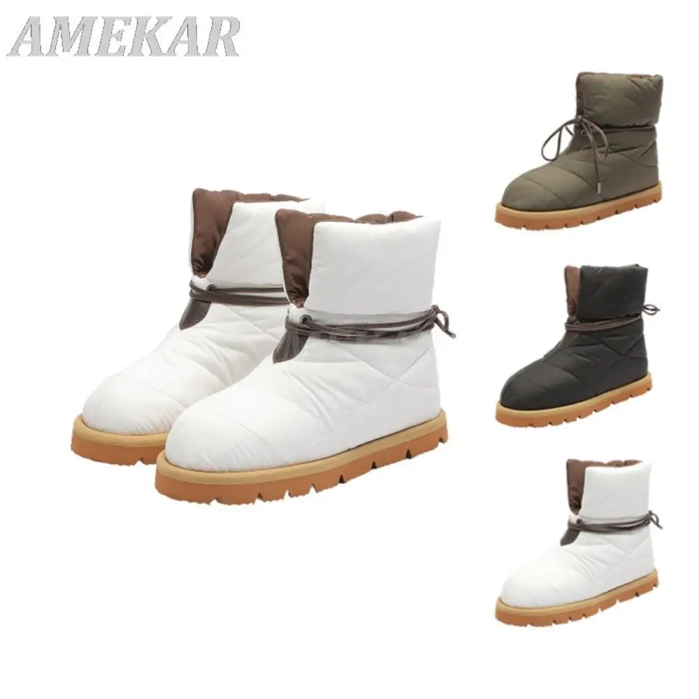 

Женские брендовые Зимние ботильоны, высококачественные стеганые нейлоновые пуховые сапоги, женские теплые ботинки с круглым носком на плоской подошве и шнуровкой