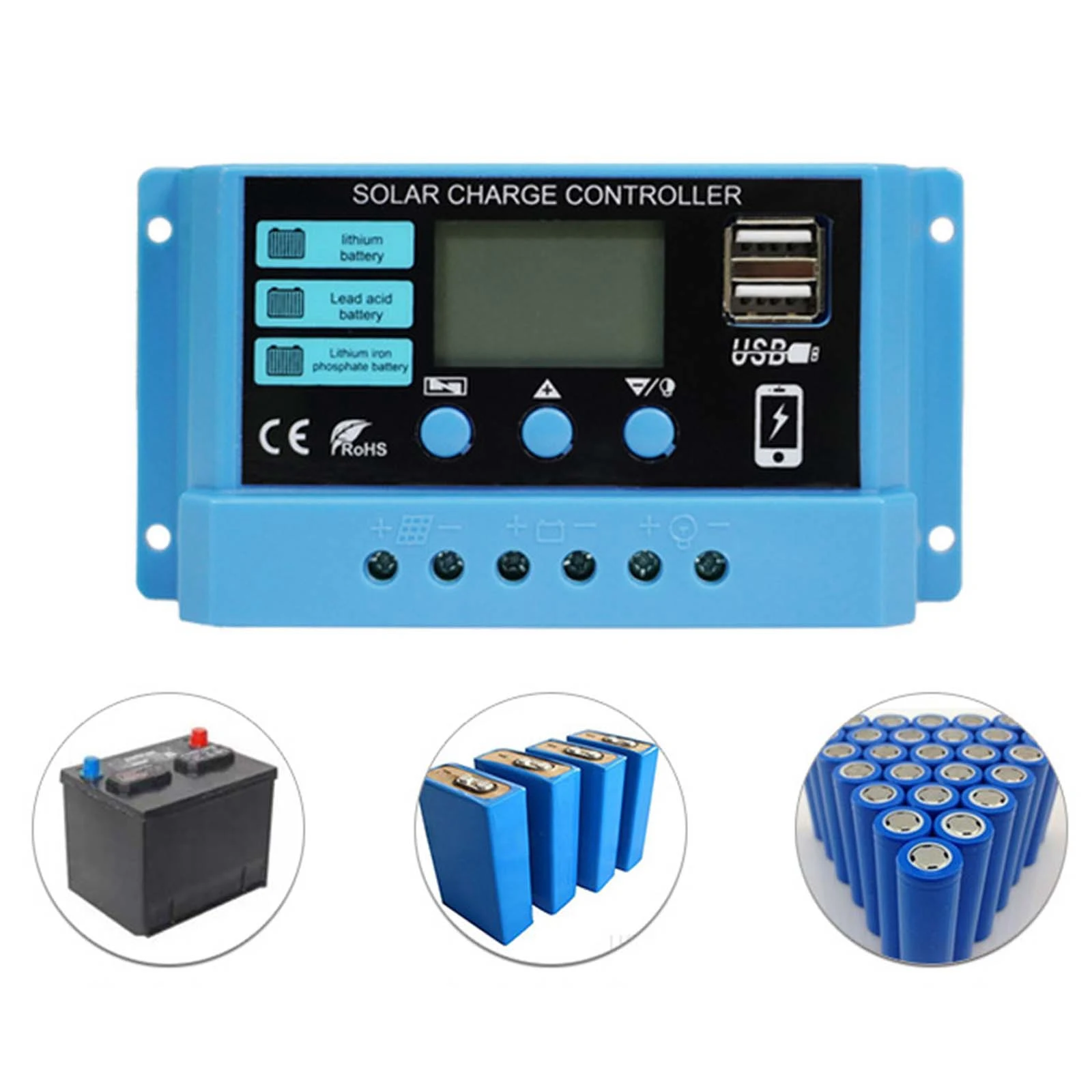 

10A 20A 30A PWM Solar Charger Controller 12V 24V Panel Charger Regulator Lifepo4 Lithium Battery Blue 500W