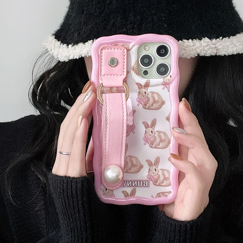 

South Korea pop cartoon rabbit Pink Phone Case For iphone 14 Plus 13 12 Pro i11 Max 13pro 14pro Soft Cover With PU Lanyard Gril