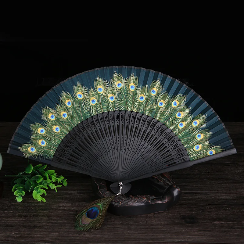 

Decorative Fan Peacock Feathers Silk Folding Fan Chinese Dance Fan Fabric Hand Chinese Fan
