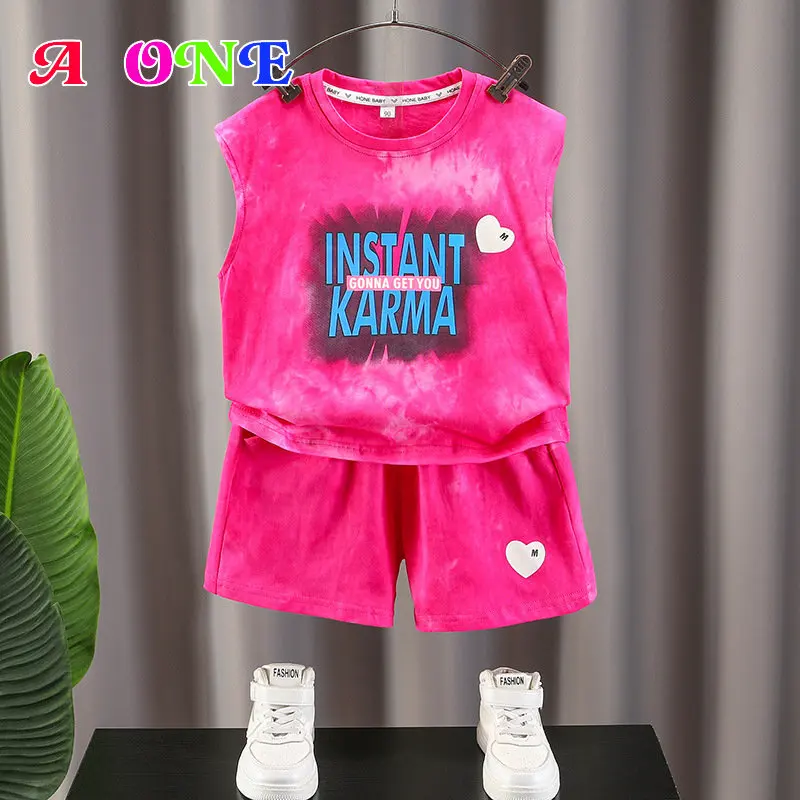 

summer baby boys suit clothes kids set cclothing kids tee vest + shorts 2 pcs set fashion Pink letter outdoor vest 2-12yrs