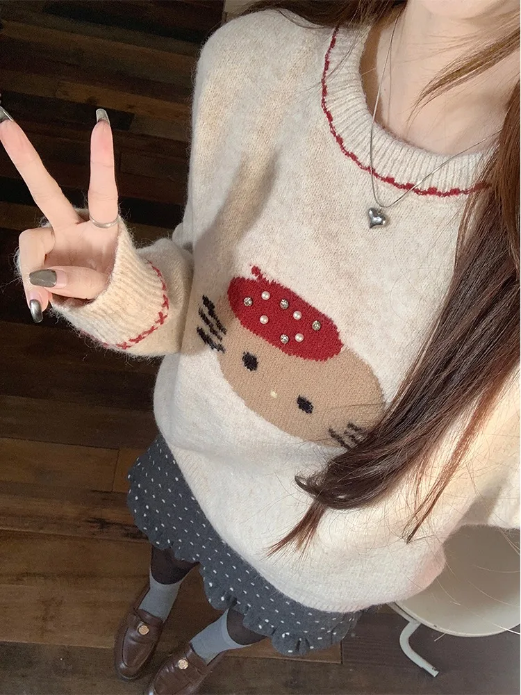 2024 новый зимний флисовый свитер с круглым вырезом и рисунком котенка женский