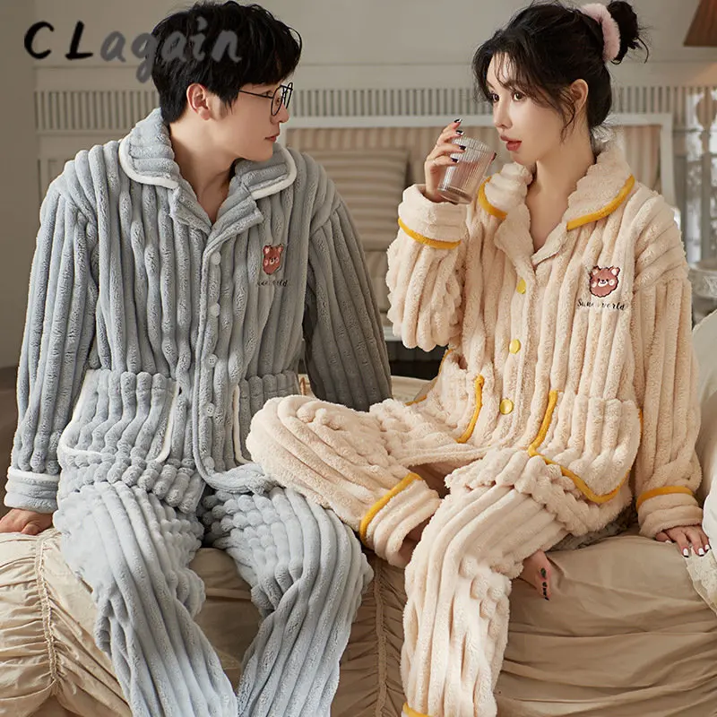 2022 Winter new couples pajamas Flannel and fleece thick pajamas Ladies casual cardigan coral fleece home dress set