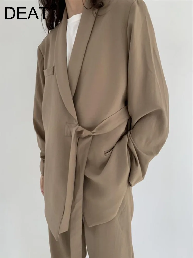 DEAT Fashion Women's 2 Pcs Set V-neck Lace Up Waist Long Sleeve Blazer Drawstring Straight Pants Suit Autumn 2023 New 17A4993