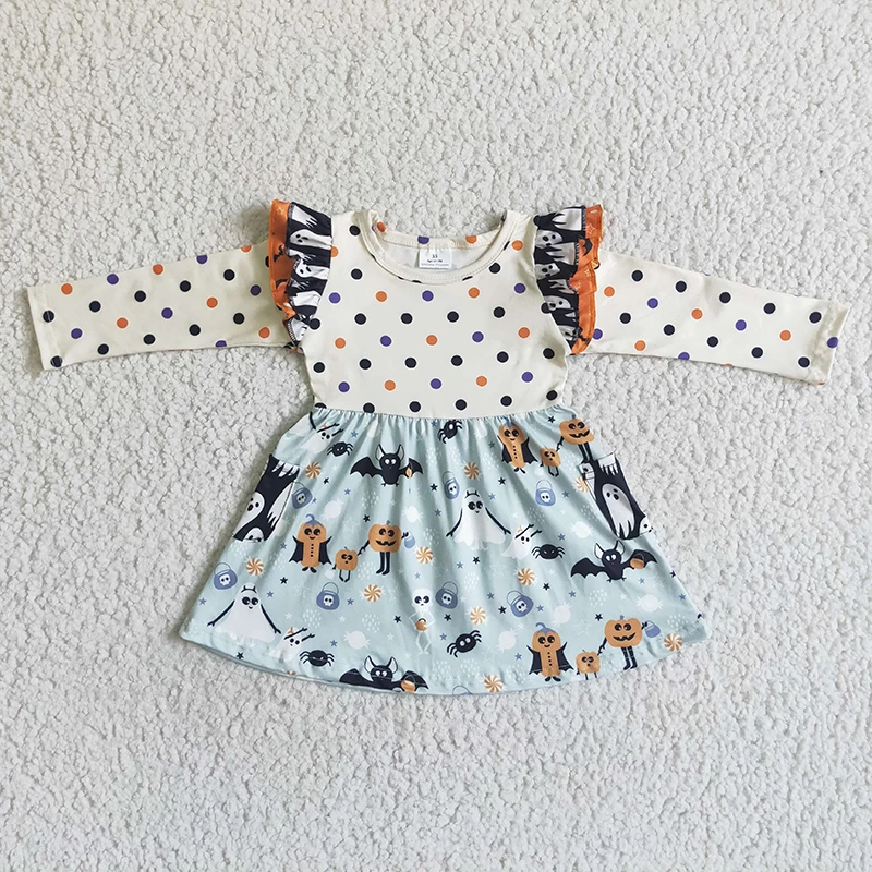 

Baby Girl Halloween Pumpkin Pocket Twirl Dress Toddler Dots Long Sleeve Wholesale Children Ghost Clothing Kid Horror New Clothes