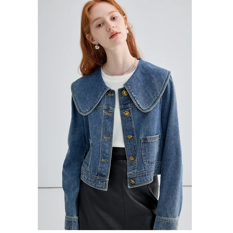 

Women's Fashion Vintage New Style Hong Kong Style Lotus Leaf Collar Denim Jacket Comfortable Temperament Versatile Blouse Autumn