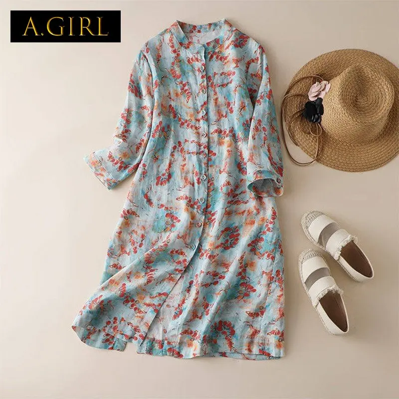 

A GIRLS Summer Casual Women's Shirt Loose Print Medium Long Blouses Cotton Hemp Tops Stand Collar Fashion Vintage Smock Shirts