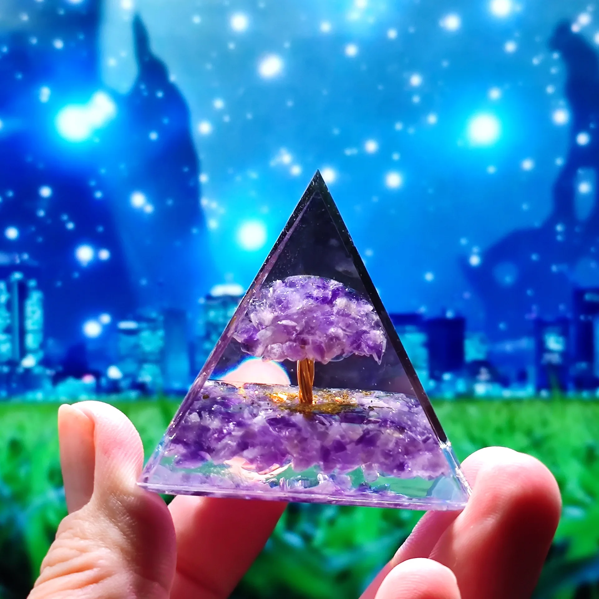 Natural Pink Purple Crushed Stone Crystal Tree Of Life Pyramid Meditation Tools Home Craft Decor Resin Oganite Pyramid Wholesale