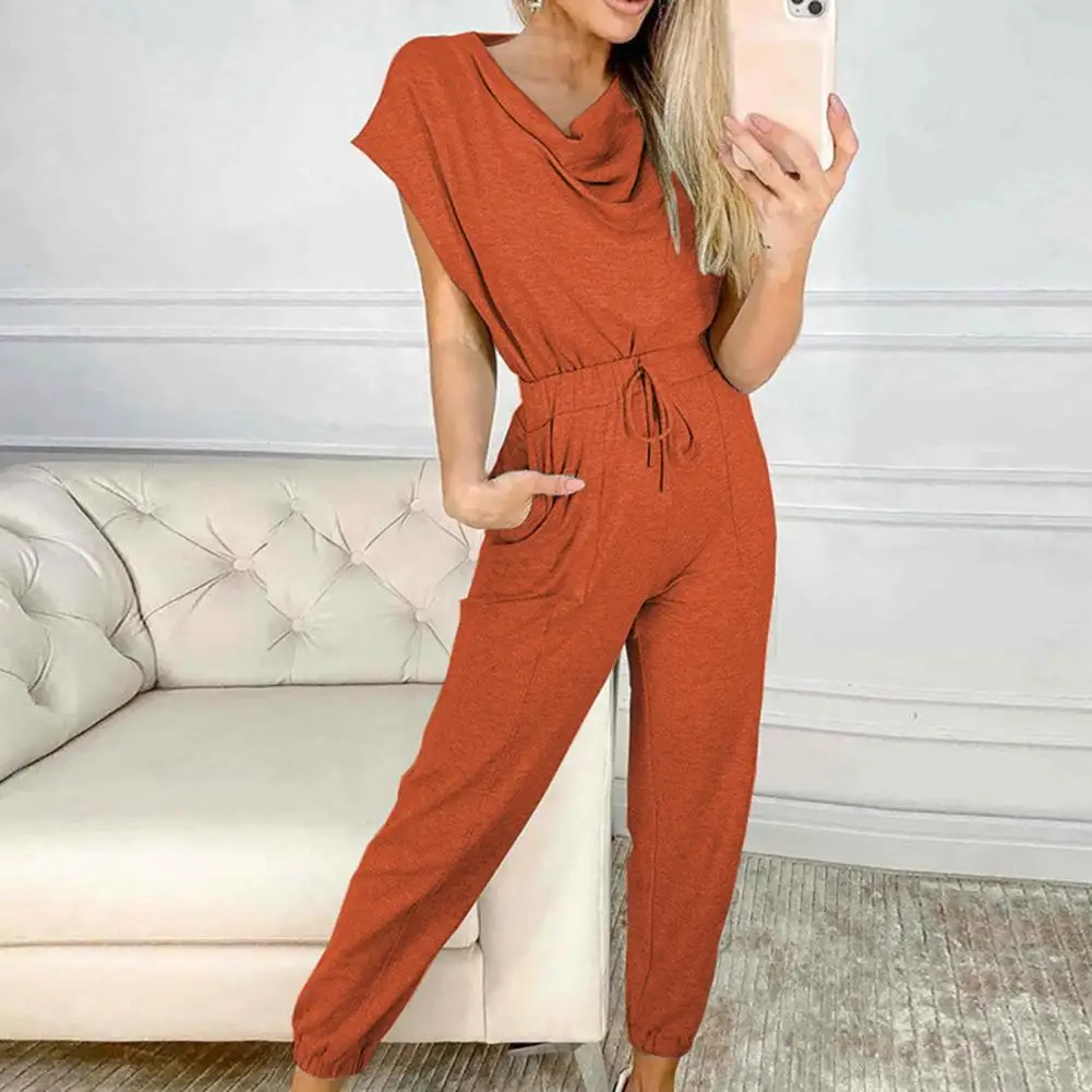 

Lady Jumpsuit Solid Color All Match Simple Drawstring Women Romper for Daily Wear