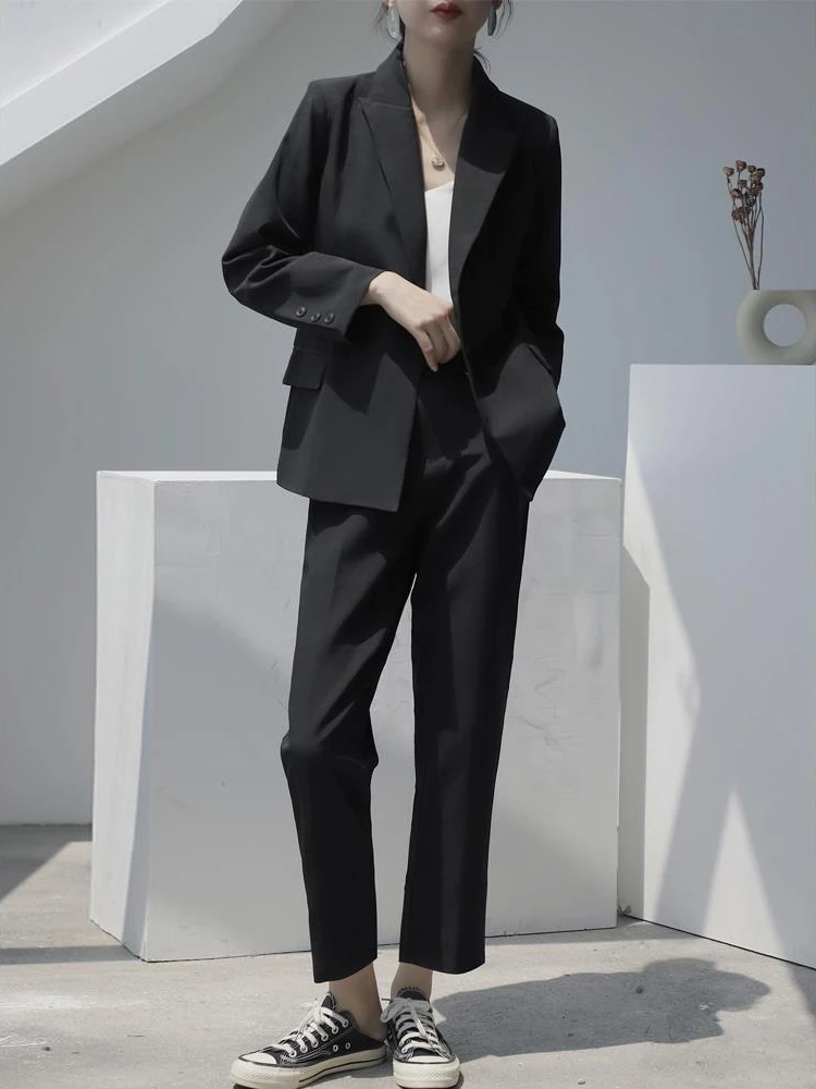 

Lnsozkdg 2023 Women Office Black Suit Two-Piece Pantsuit Elegant Blazer Female Set Casual Loose Pants Jacket Work Clothes Solid