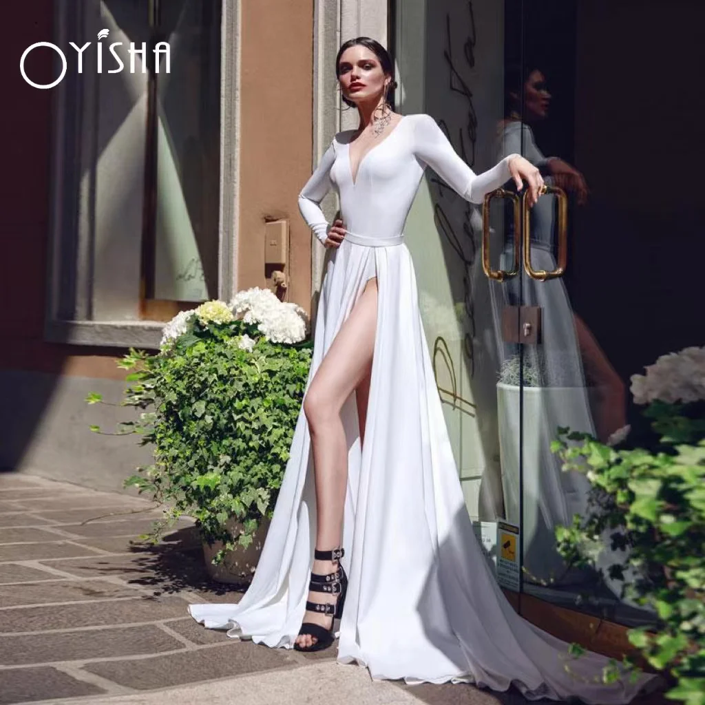 

Сексуальное женское свадебное платье OYISHA с высоким разрезом, модель 2023 года, для невесты, простое ТРАПЕЦИЕВИДНОЕ ПЛАТЬЕ с открытой спиной и поясом, свадебное платье