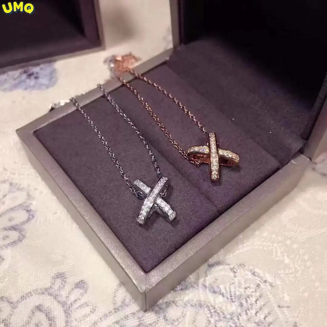 

Cross Full Diamond Necklace Plated with 18k Gold Super Flash Mossan Stone X-shaped Letter Clavicle Chain High Sense of Fate Is a