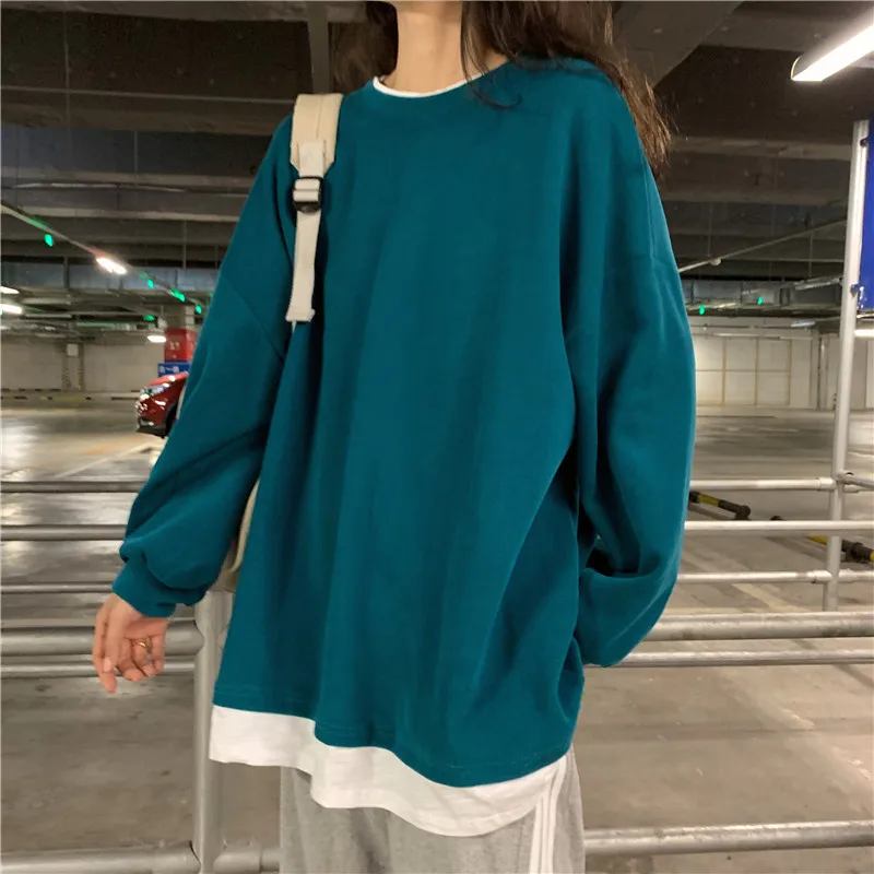 

2023 Spring Autumn Ladies Thin Loose Pullovers Fake-Two Pieces Solid Color Sweatshirts Women Long Patchwork Trend Hoodies