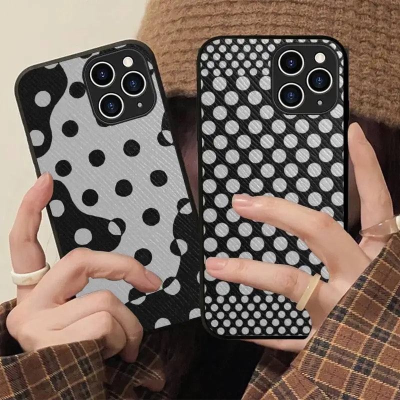 

Black And White Polka Dot Phone Case Hard Leather Case for iPhone 11 12 13 Mini Pro Max 8 7 Plus SE 2020 X XR XS Coque