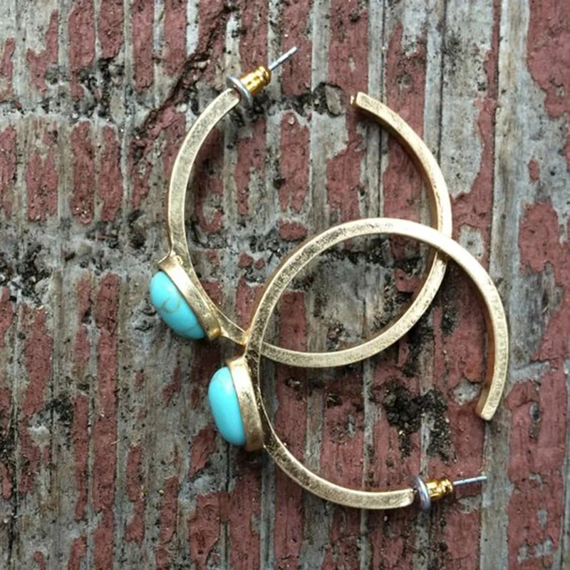 

Boho Natural Blue Stone Hoop Earrings Female Accessories Gold Color Large Circle C Shaped Drop Earrings