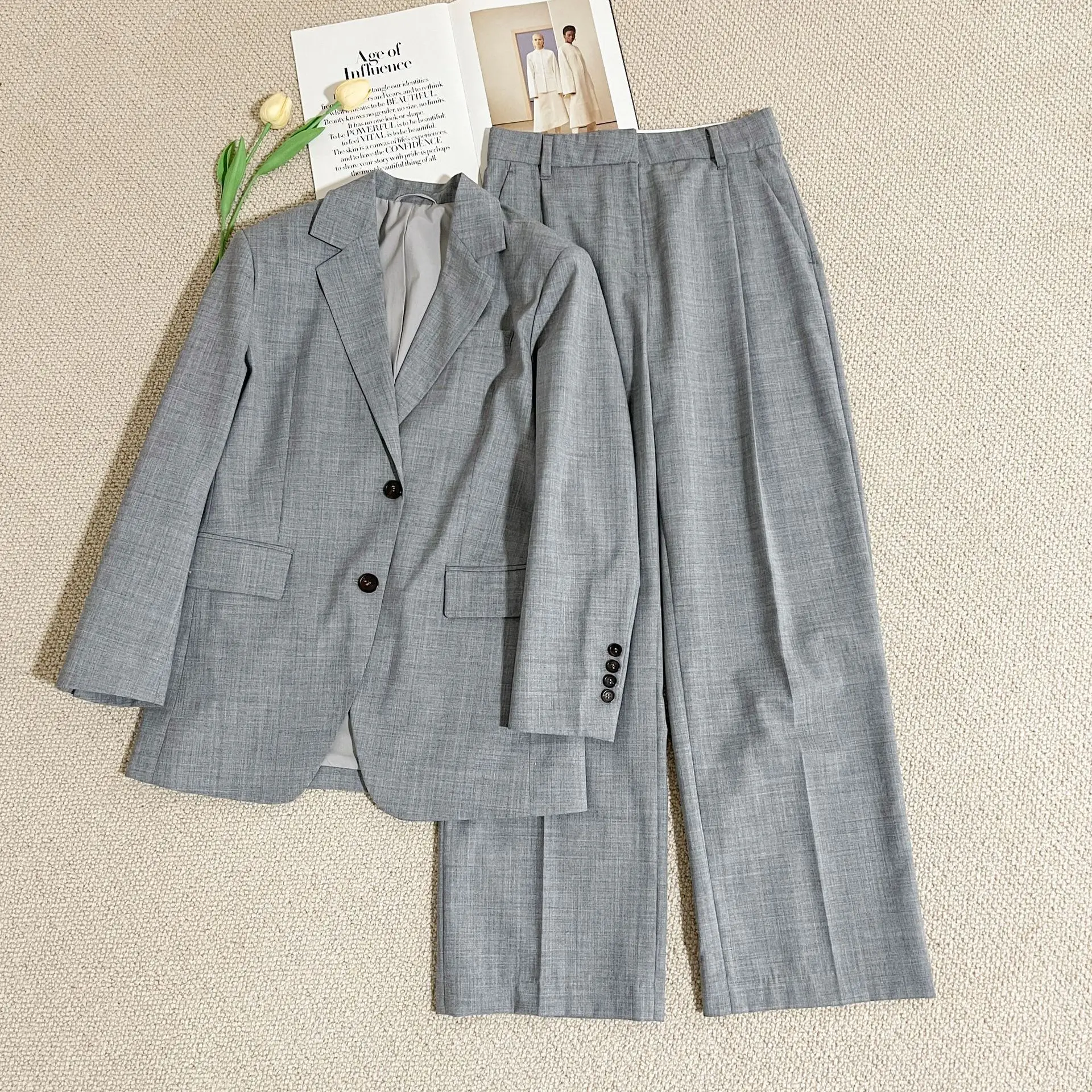 2024 легкий роскошный новый серый костюм с узором елочка шерстяной повседневный