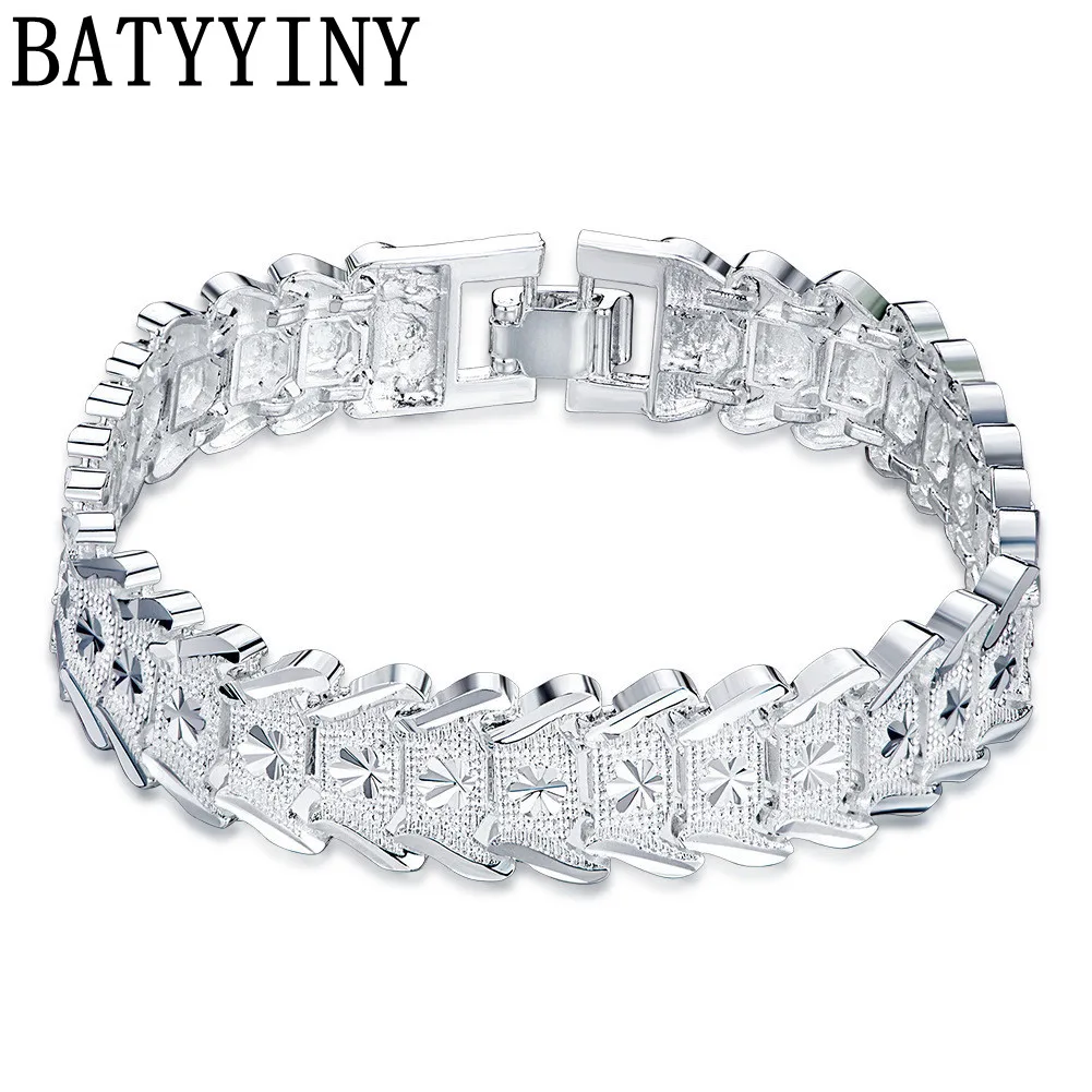 

BATYYINY 925 Sterling Silver Wide Wristband Bracelet For Women Man Wedding Engagement Party Fashion Jewelry Gifts