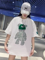 heavy embroidery diamond bear cotton short sleeved tshirt for women summer new mid length loose white top fashion brand t shirt