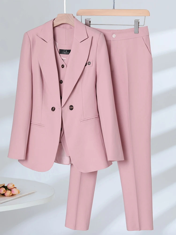 Women Fashion 3 Pieces Set Formal Blazer Vest and Pant Suit Elegant Navy Pink Apricot Office Ladies Business Work Career Wear