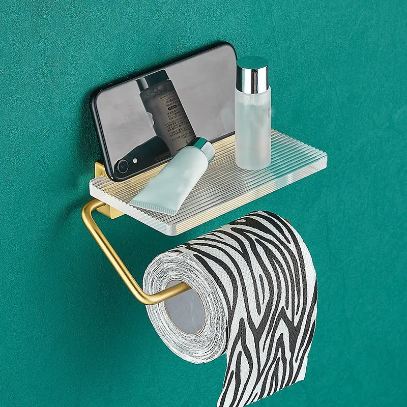 

Toilet Paper Holder Bathroom Wall Mount Golden Transparent Acrylic Phone Holder Shelf Towel Roll Shelf Accessories
