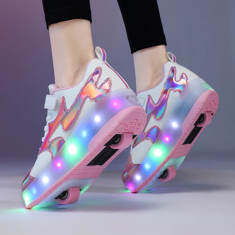 Kids LED usb charging roller shoes glowing light up luminous
