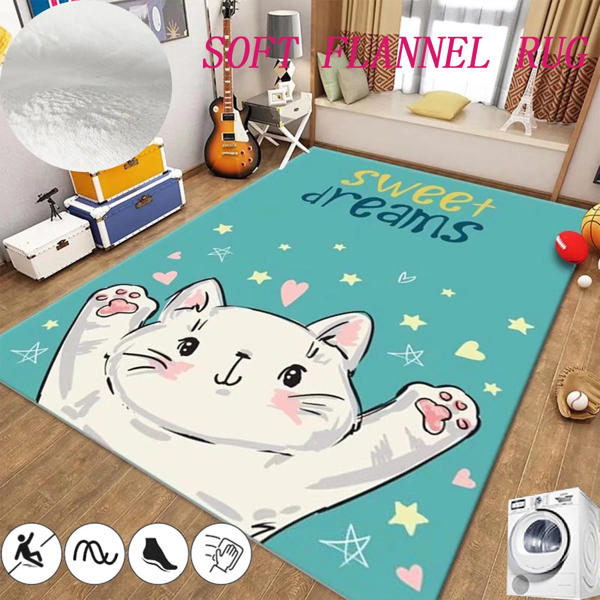 

Rectangular Flannel Rugs for Bedroom Decor Kawaii Cat Children's Room Mat Soft Non-slip Nursery Carpet Cute Cartoon Lounge Rug