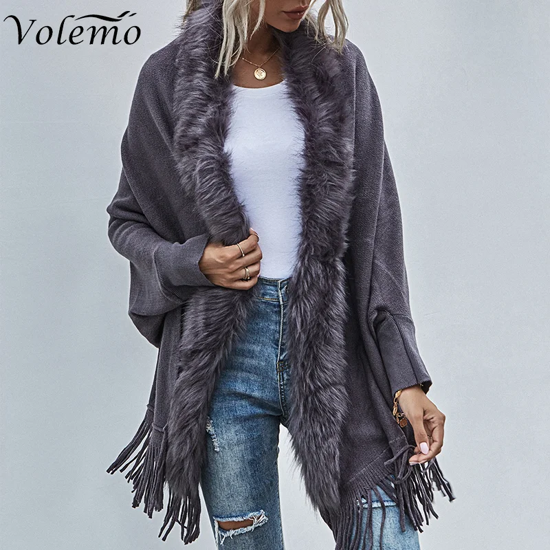 

Volemo 2022 Fur Collar Shawls and Wraps Bohemian Fringe Oversized Womens Winter Ponchos and Capes Batwing Sleeve Cardigan