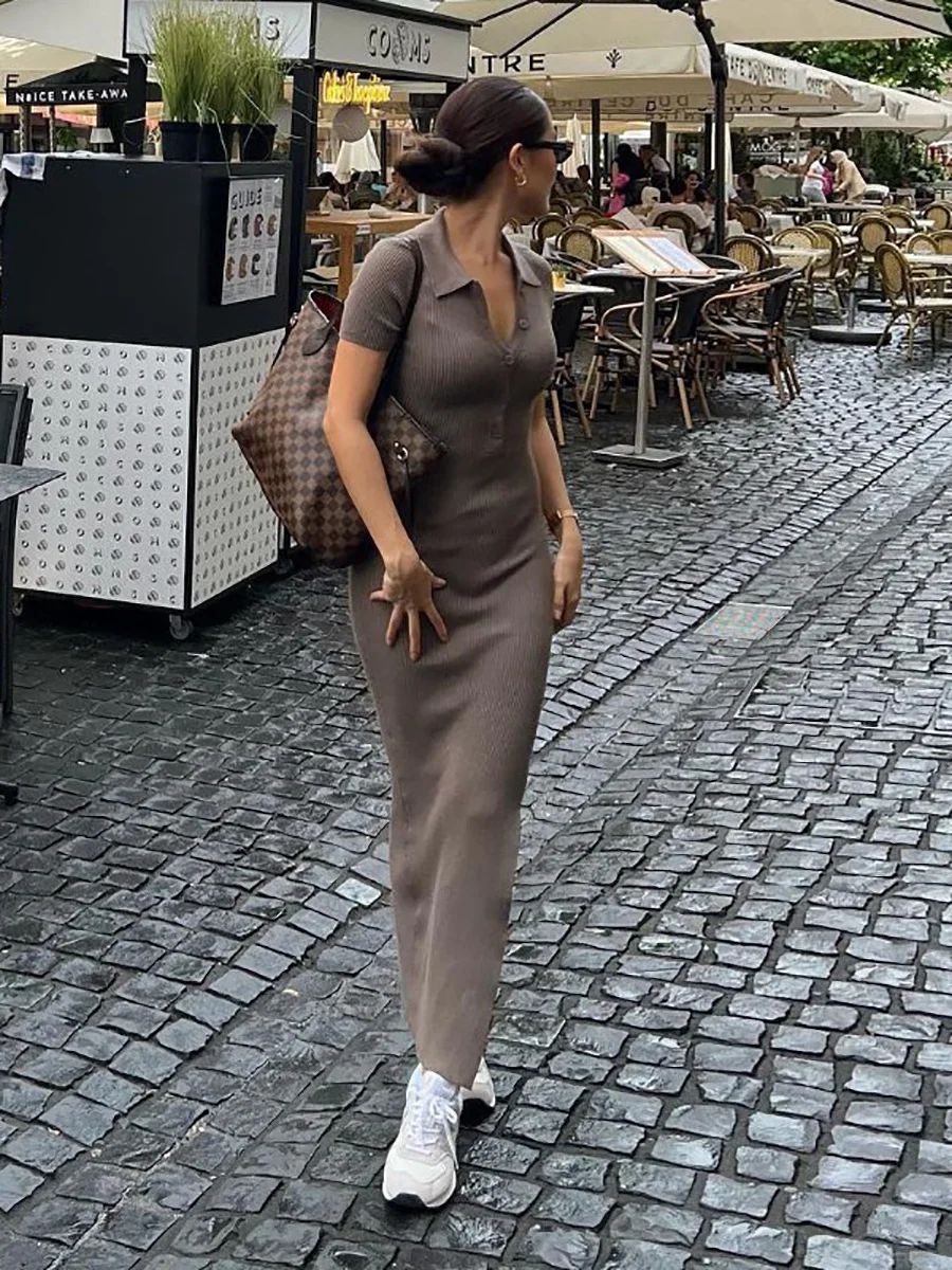 

Women's clothing Y2k Knit Lapel Single Breasted Slit Show Leg Long Slim-fit Wrap Hip Dress Street Style Long Dresses