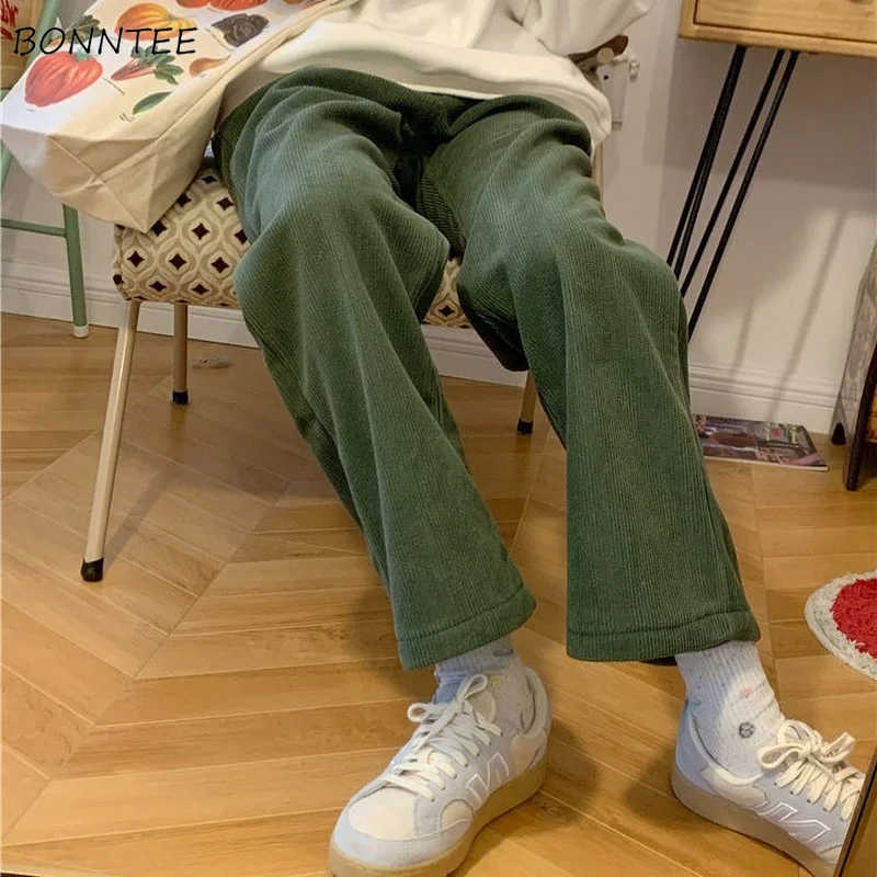 

Pants Women Olive Green Solid Casual StreetWear Loose Corduroy Wide Leg Spring Ins Trendy New Design Pockets Cozy Lovely Daily
