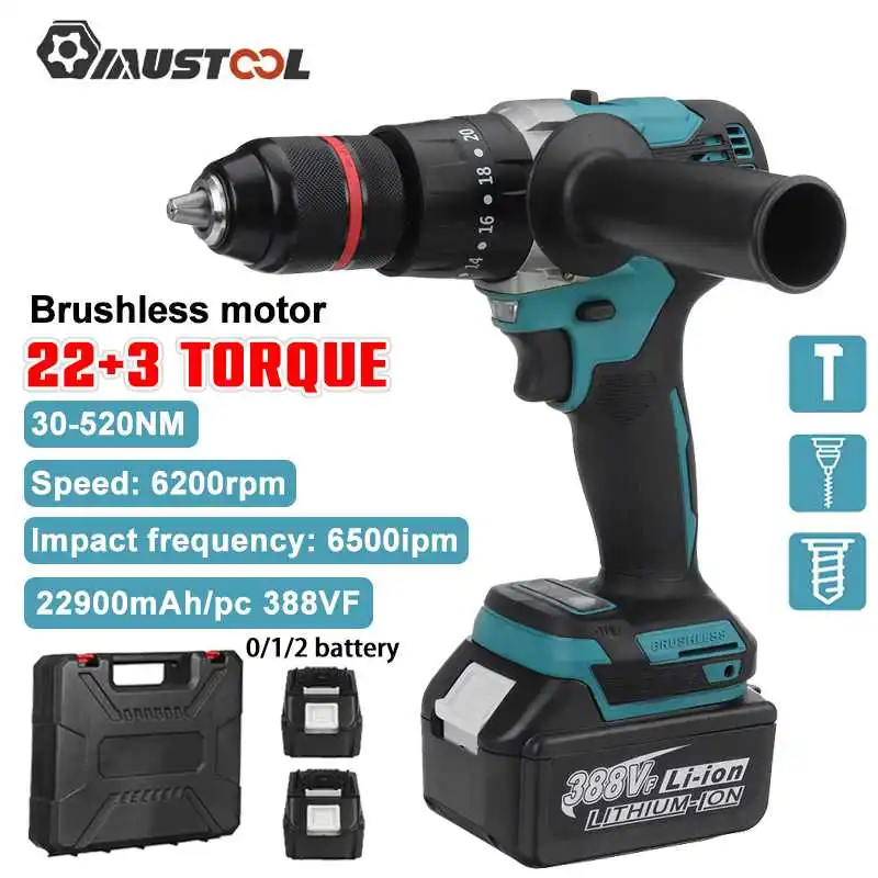 

MUSTOOL 288VF 13mm Cordless Impact Drill 30-520N.m 20+3 Torque Brushless Electric Screwdriver Drill For Makita 18V Battery