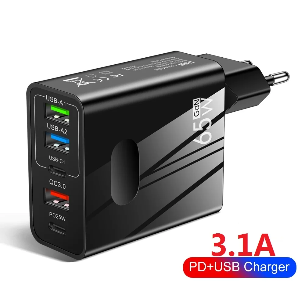 

5 Ports 65W 3.1A GaN Charger PD USB Type C Phone Charger Power Adapter For iPhone 14 13 Xiaomi Samsung Eu US UK Wall Charger