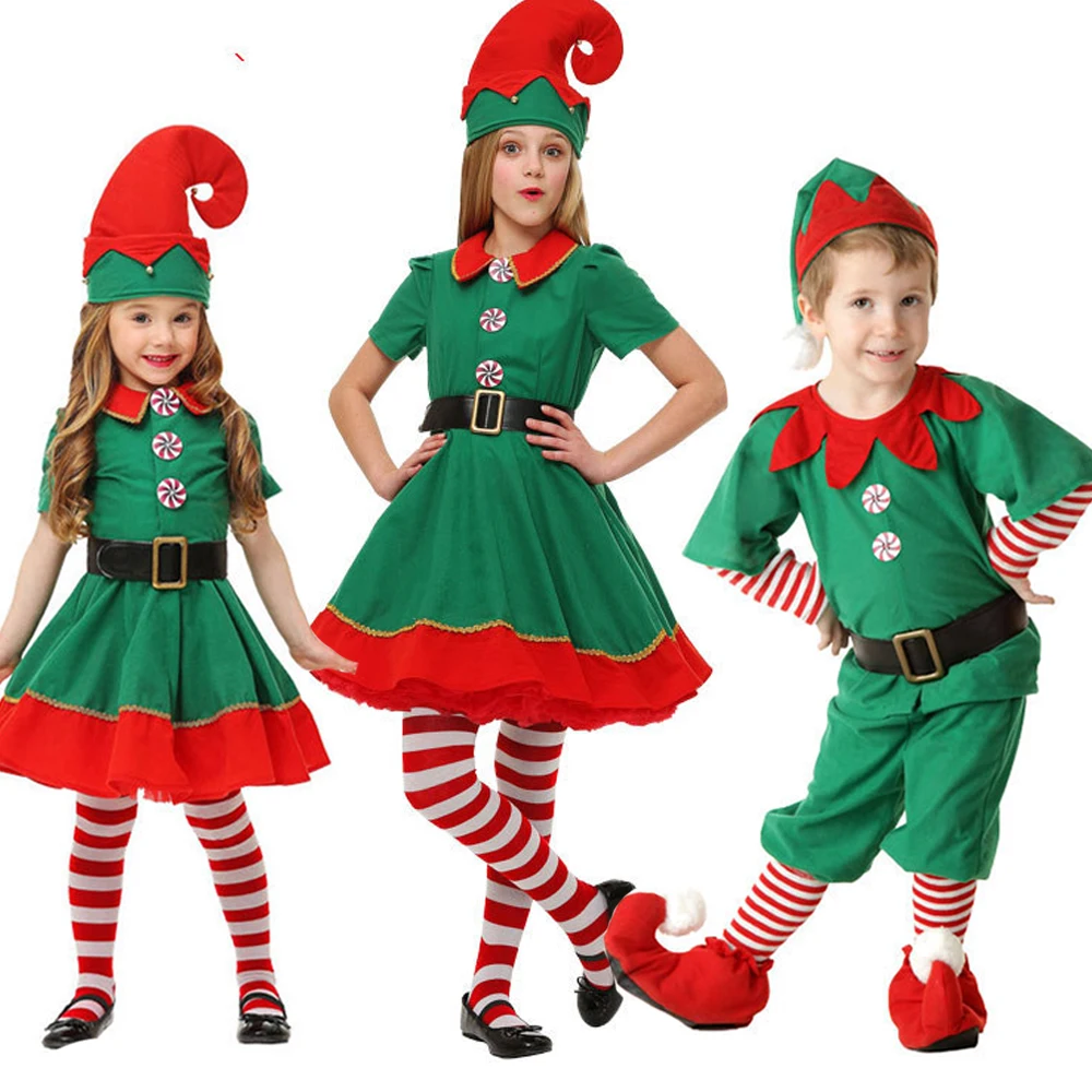 

Christmas Santa Claus Boys Girls Costume Kids Elf Attached Hat Shoes Clothes Green Parent-Child Sets Top Pants
