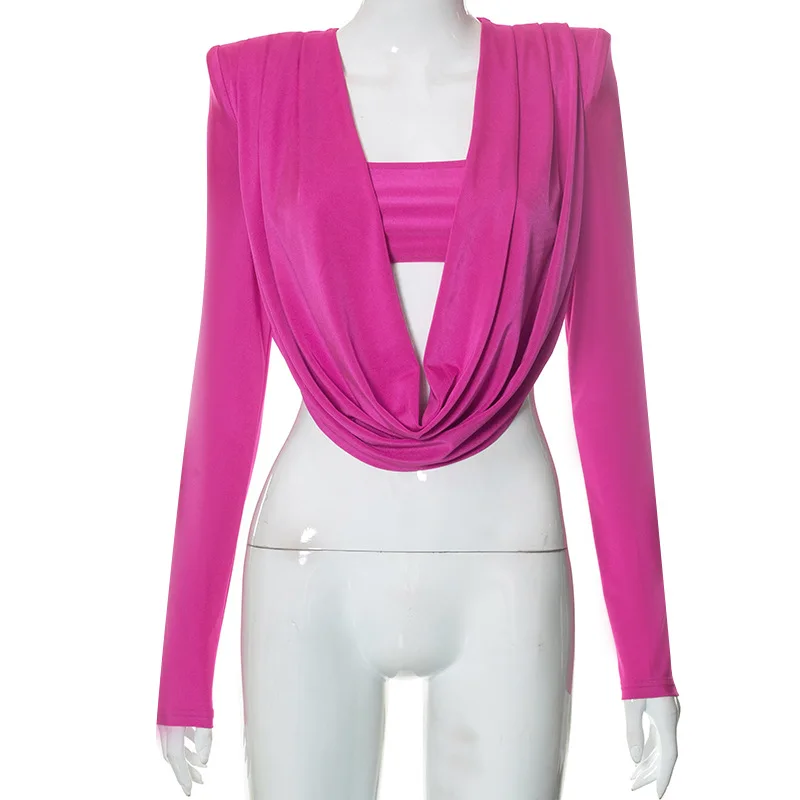 

Elegant V-neck Cropped Shirt T-shirts Tees for Women 2023 Spring Long Sleeve Tight Crop Top Female Pink Tshirts Blusas