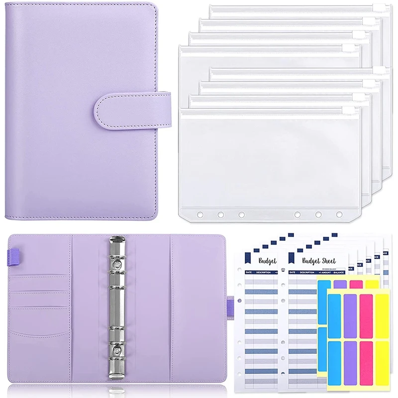 

A6 PU Leather Budget Binder,With 8 A6 Binder Bags,12 Papers,6 Ring Binder Budget Envelope System, With Label Stickers