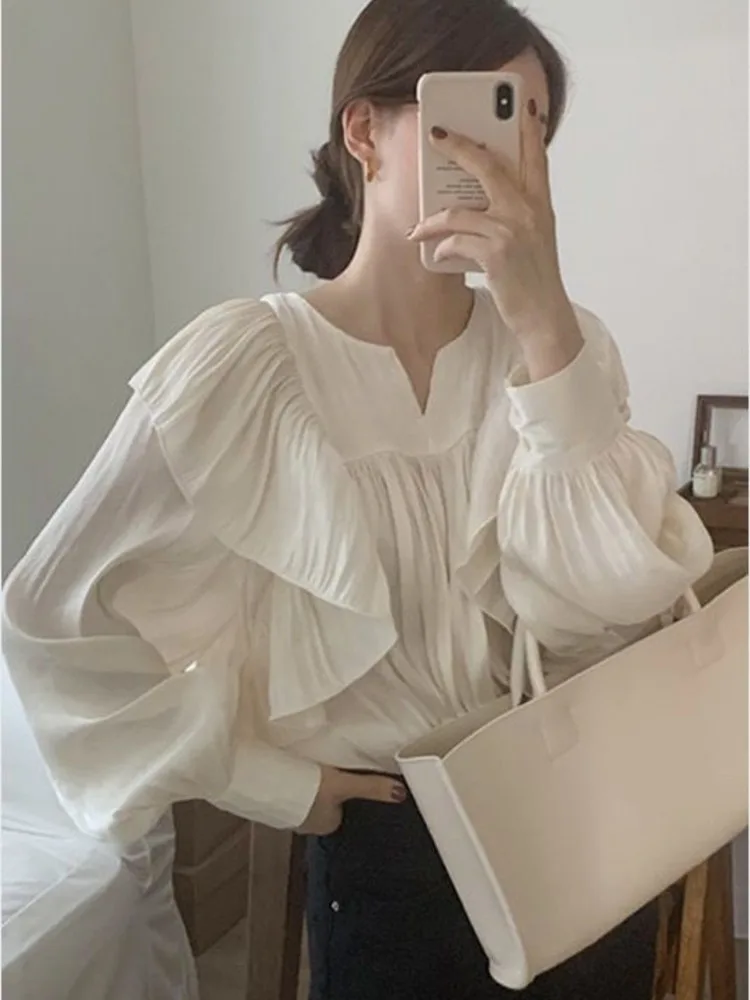 

Blouse Korean Chic Design Sense Temperament Ruffle Pleated Shirt Women Spring Autumn New Super Fairy Bubble Sleeve Top