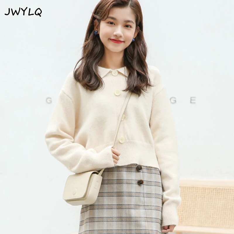 

Однотонный укороченный пуловер на пуговицах с украшением, свитер, женский простой свитер с воротником-поло, свитер с длинным рукавом, женск...