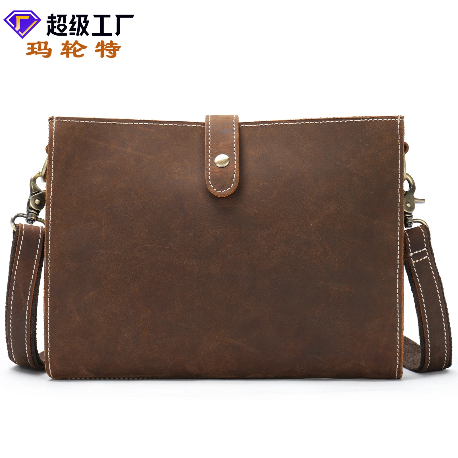 

Malunte horizontal mad horse leather handbag men's new one shoulder commuter messenger satchel