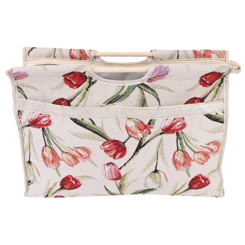 

Knitted Bag Woven Fabric Knitting Storage Bag With Wood Handle For Yarn Knitting Needles Sewing