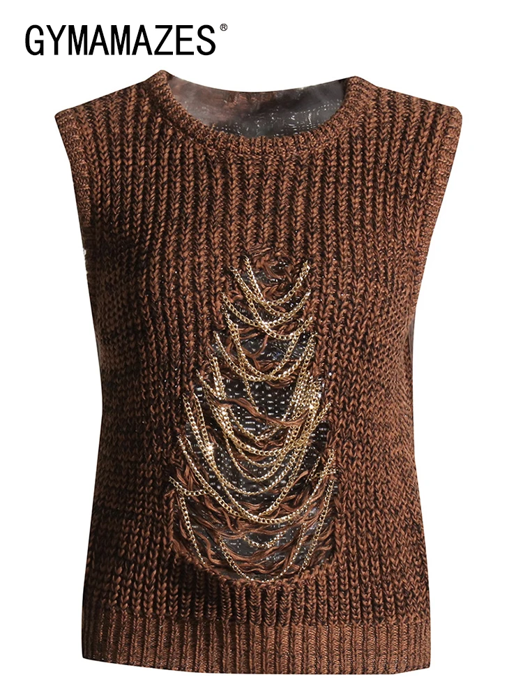 

GYMAMAZES Knitting Hollow Out Tank Tops For Women Round Neck Sleeveless Patchwork Chain Off Shoulder Vest Female Fashion 2023