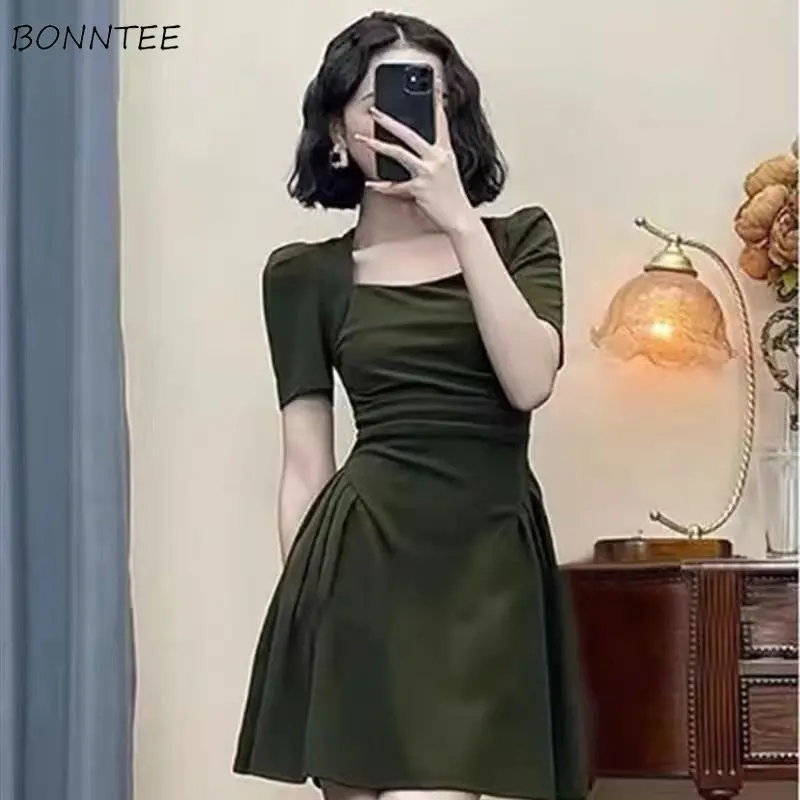 

Женские платья с квадратным вырезом, а-силуэт, мини-платья в Корейском стиле, летняя модная простая элегантная Классическая винтажная Женская одежда в стиле ольччан