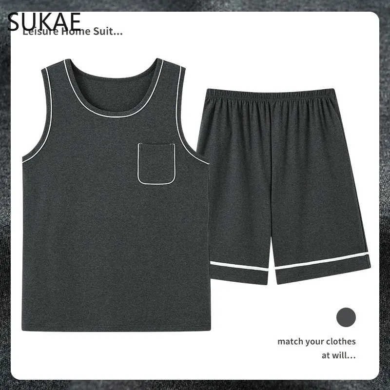 SUKAE Mens Sleepwear L-4XL Big Size Sleeveless Homsuit Pajamas Set Summer Shorts Vest Man's Loung Sets Elegant Nightwear for Boy
