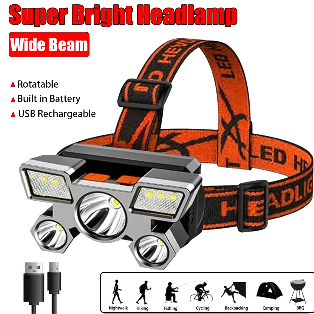 Перезаряжаемый супер яркий светодиодный налобный фонарь со встроенной батареей