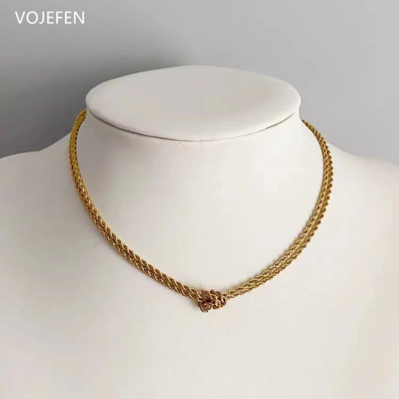 

VOJEFEN Chokers Elegant Womens Necklaces Jewellery Neck Chain Fine 18K Gold Jewelry Pure Gold Pendant Twisted Rope Necklace New