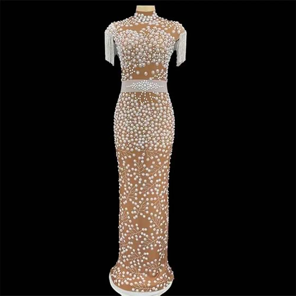 

Women Stretch Nude Evening Bodycon Dress Club Singer Floor Length Dress Sparkling Crystals Birthday Celebrate Fringes Costume